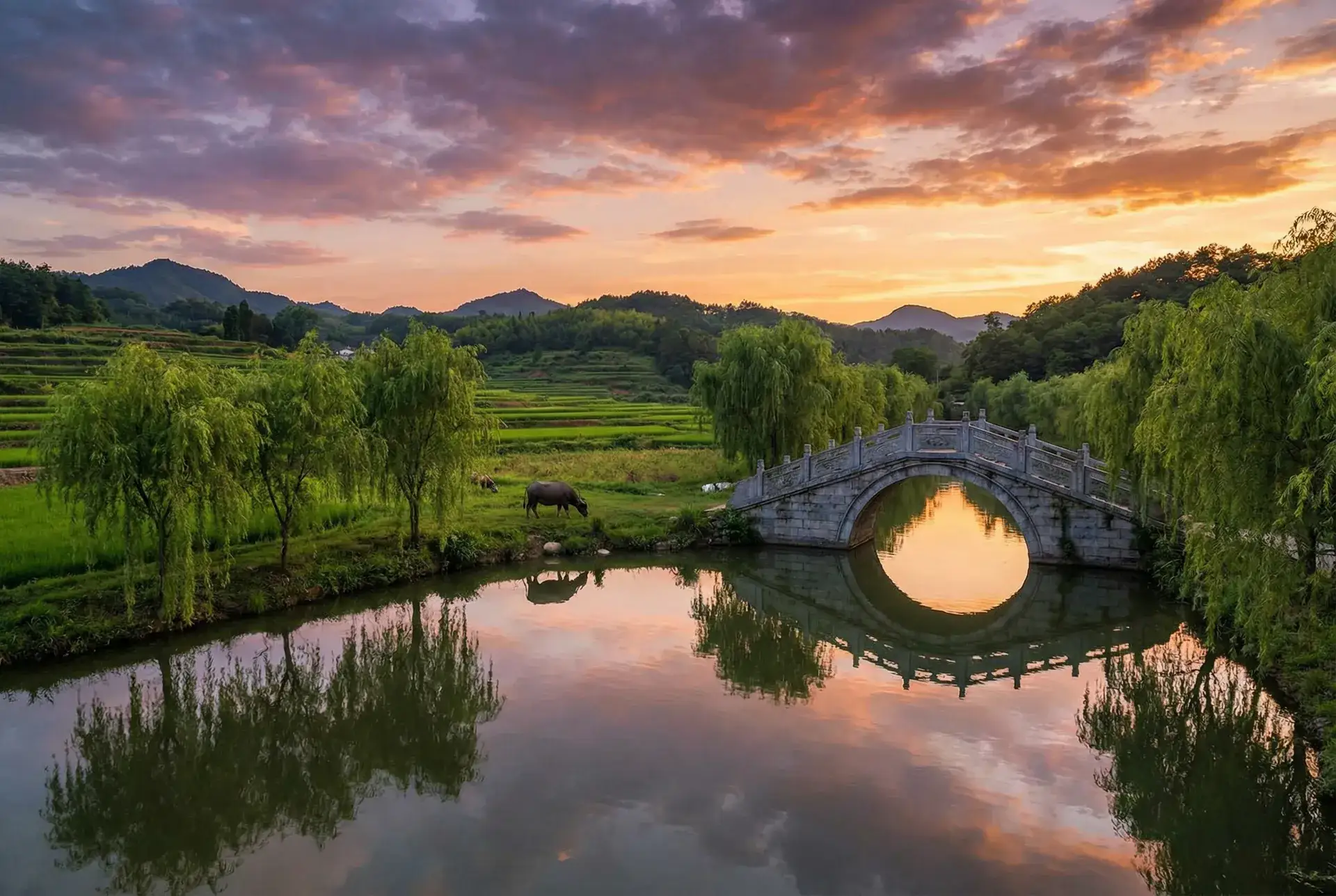 夕阳下的石拱桥与垂柳，水牛在河边吃草 - 娼百度影音 乡村美景